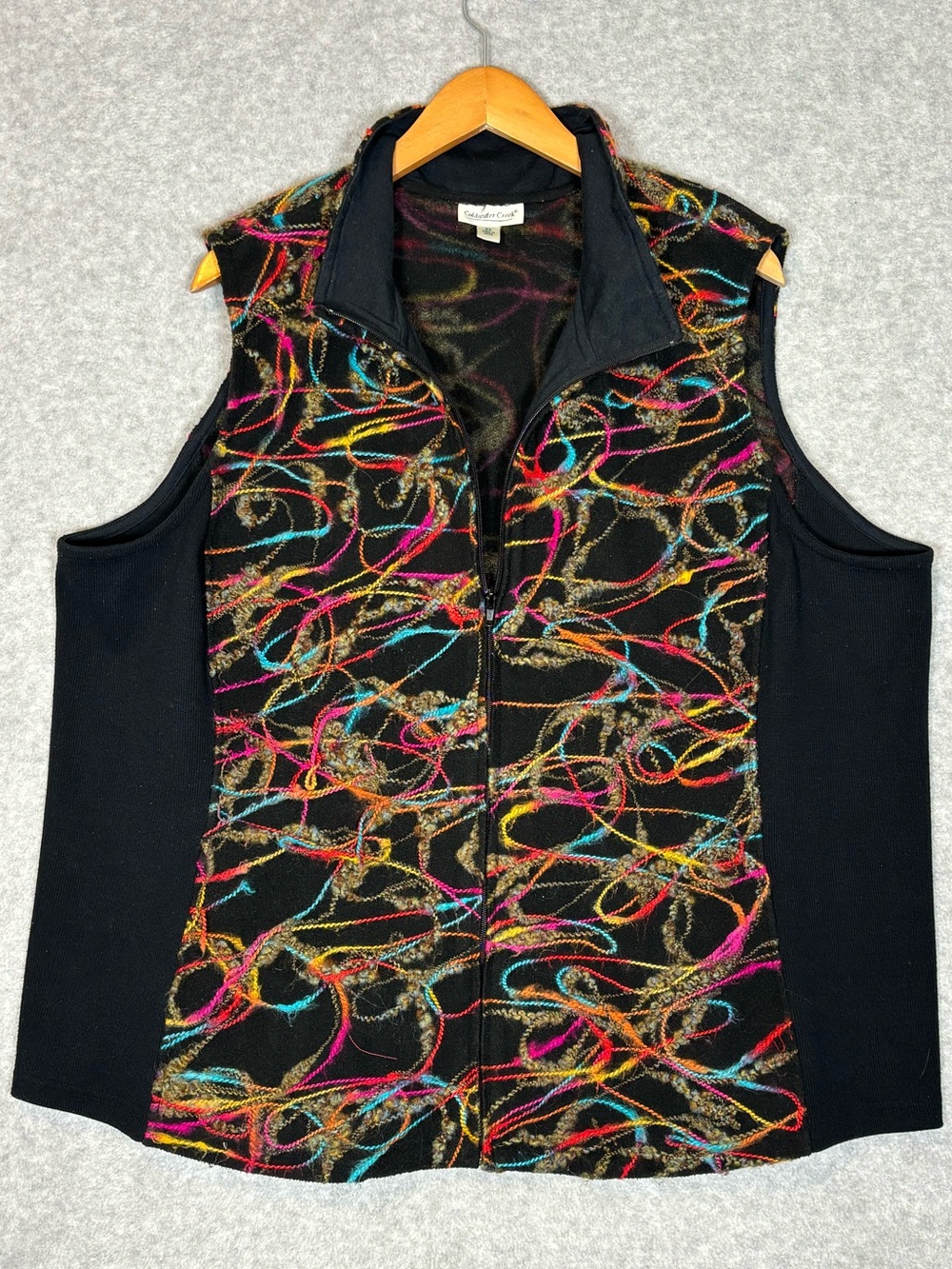 Vintage Coldwater Creek Abstract Embroidered Yarn Fleece Vest-Black-Women 3X
